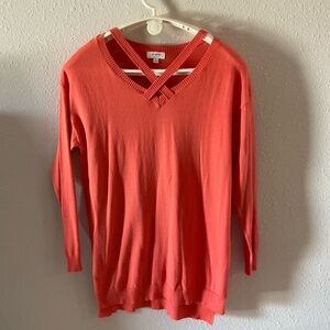 Umgee V-neck Tunic Strappy Bodice Melon Orange Light Pullover Sweater Women’s S